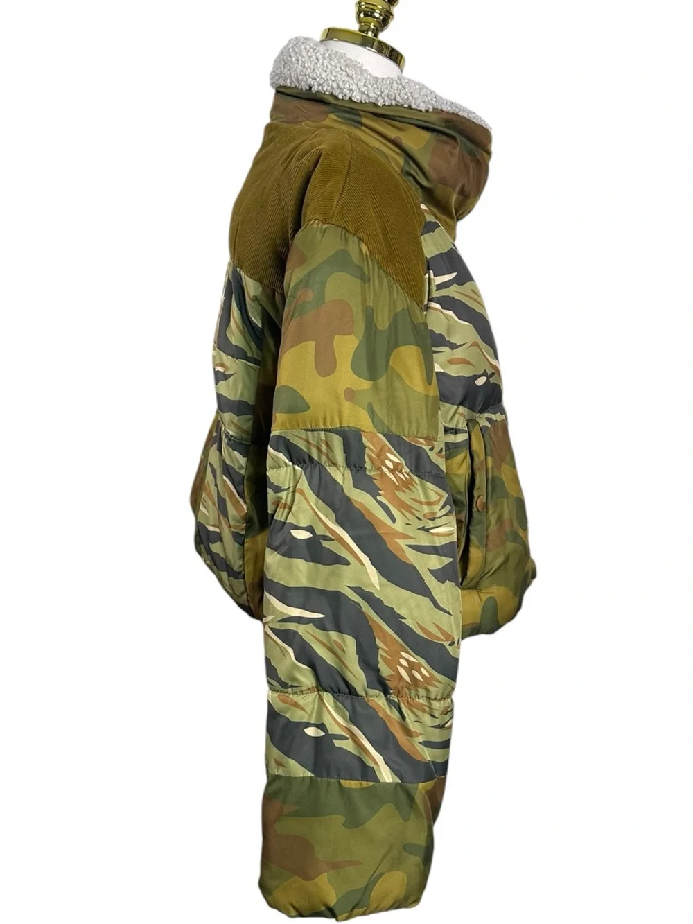 Free People Bohemian Patchwork Camo Cordury West Coast Puffer Jacket Size Large